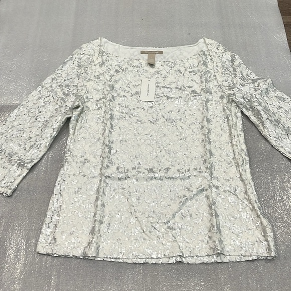Banana Republic White Lace Silver Matte Sequins 3/4 Sleeve Blouse - Picture 3 of 14